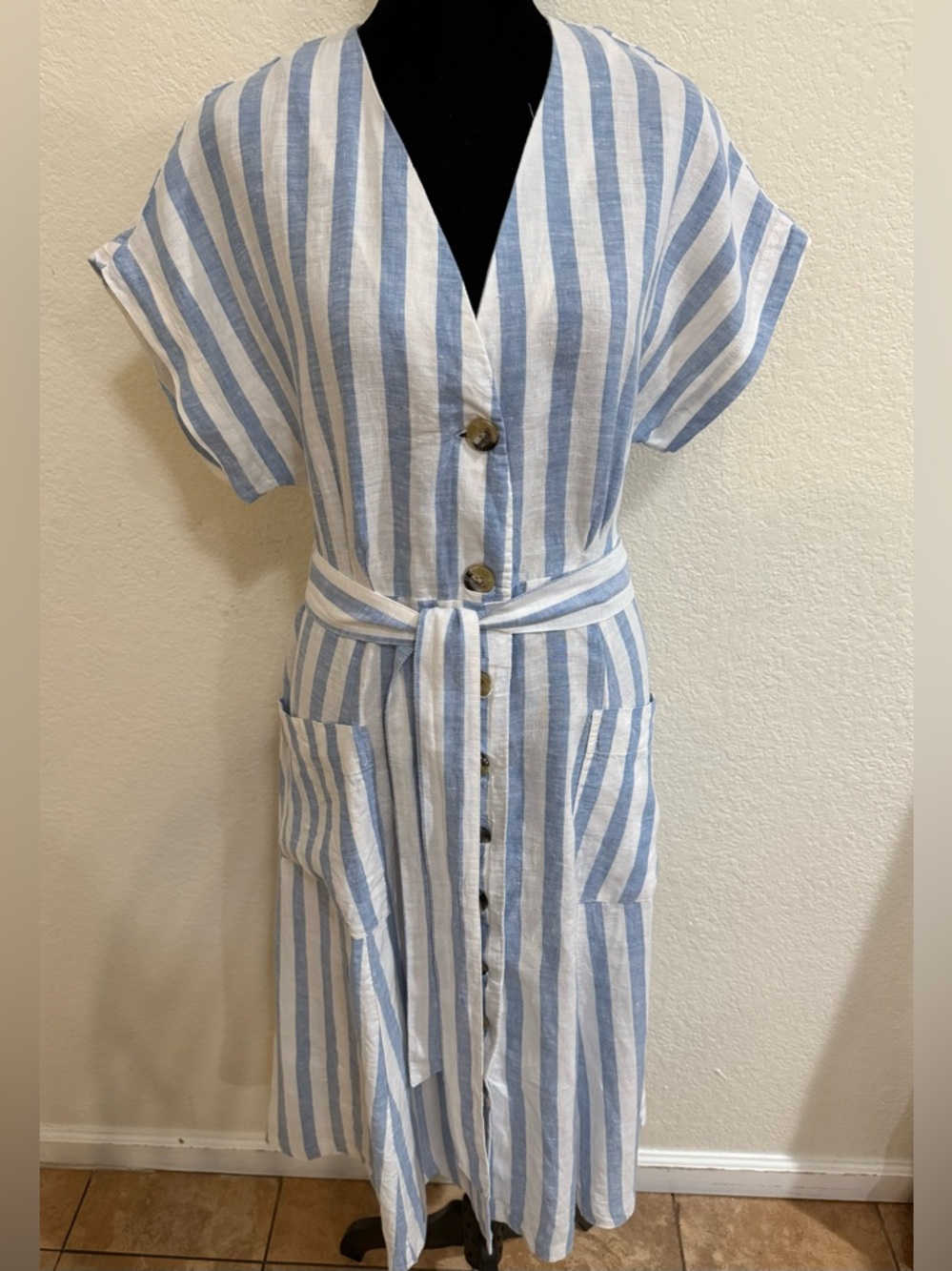 Mango Blue and White Stripped Linen Button-Front Belted Dress